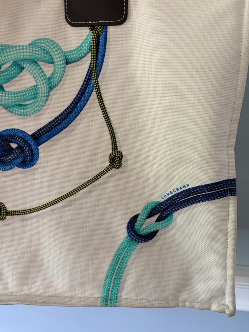 Longchamp Canvas Tote Bag with Rope Knot Design in Cream and Teal - Picture 2 of 6